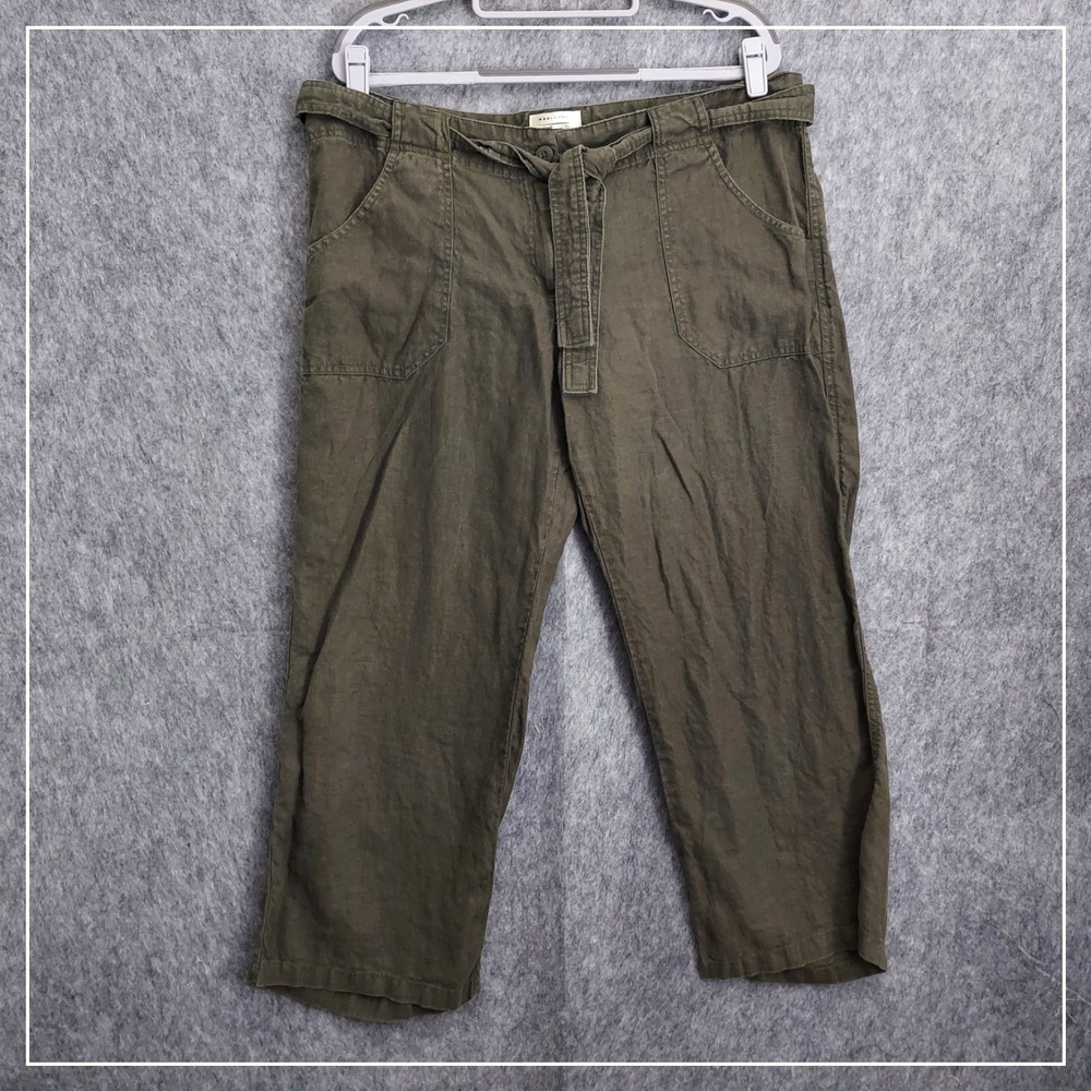 VTG Old Navy Pants Women 14 Olive Green 100% Linen Crop Wide Leg Utility Cargo
